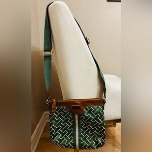 Tommy Hilfiger Green Patterned Crossbody Bag with Tan Trim and Adjustable Strap